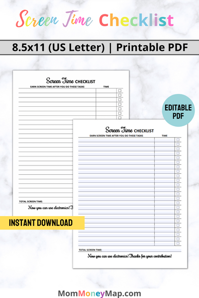 Timer Check Sheet Screen Time Checklist Printable PDF – Kids Device & Daily Usage Tracker ...