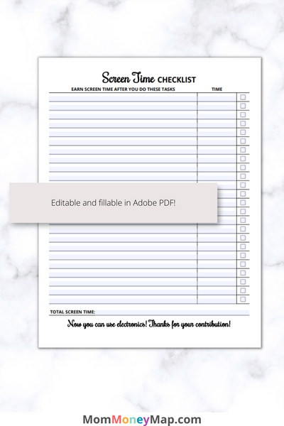 Screen Time Checklist Printable PDF – Mom Money Map