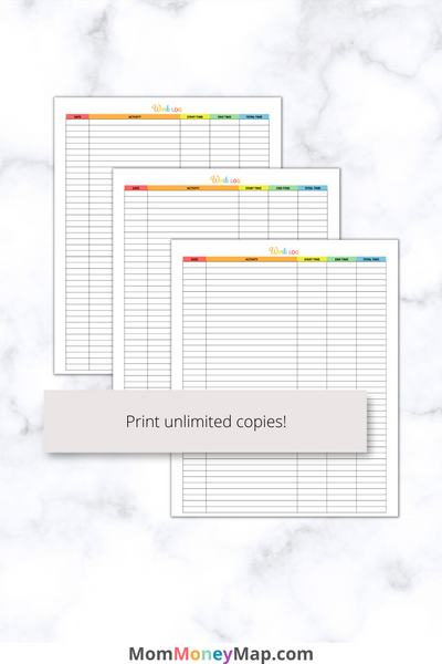 Colorful Printable Log Work Log Printable PDF – Portrait Multi-Color Task & Hours Tracker ...