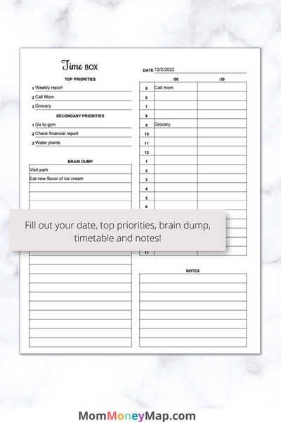Empty Time Box Time Box Planner Printable PDF – Mom Money Map