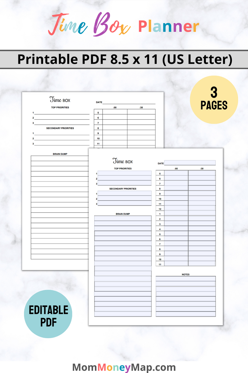 Time Box Planner Printable PDF – Mom Money Map