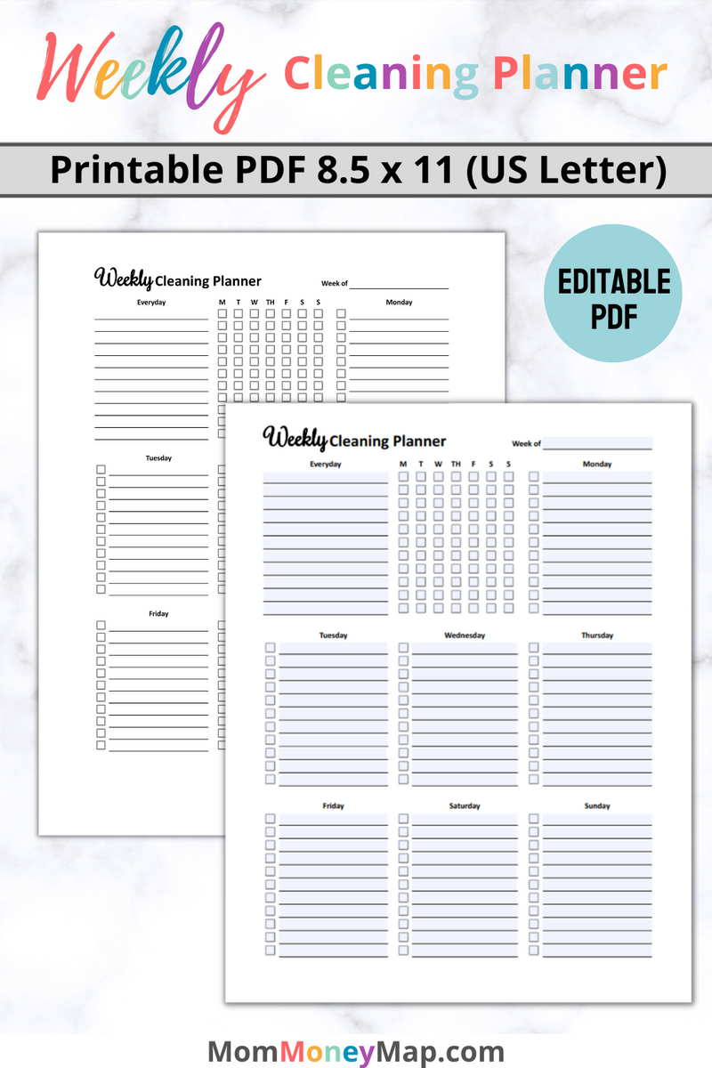 Weekly Cleaning Planner Printable PDF – Mom Money Map