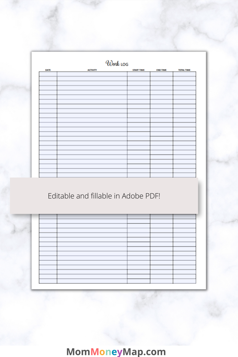 Work Log Printable PDF - Portrait – Mom Money Map