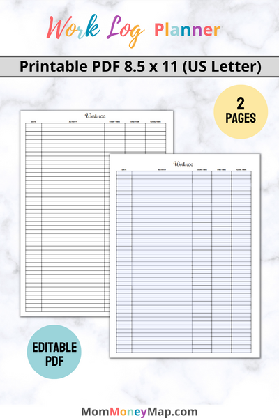 Workplace Documents Worksheet.pdf Work Log Printable PDF – Portrait Daily Task & Time Tracker – Mom Money Map