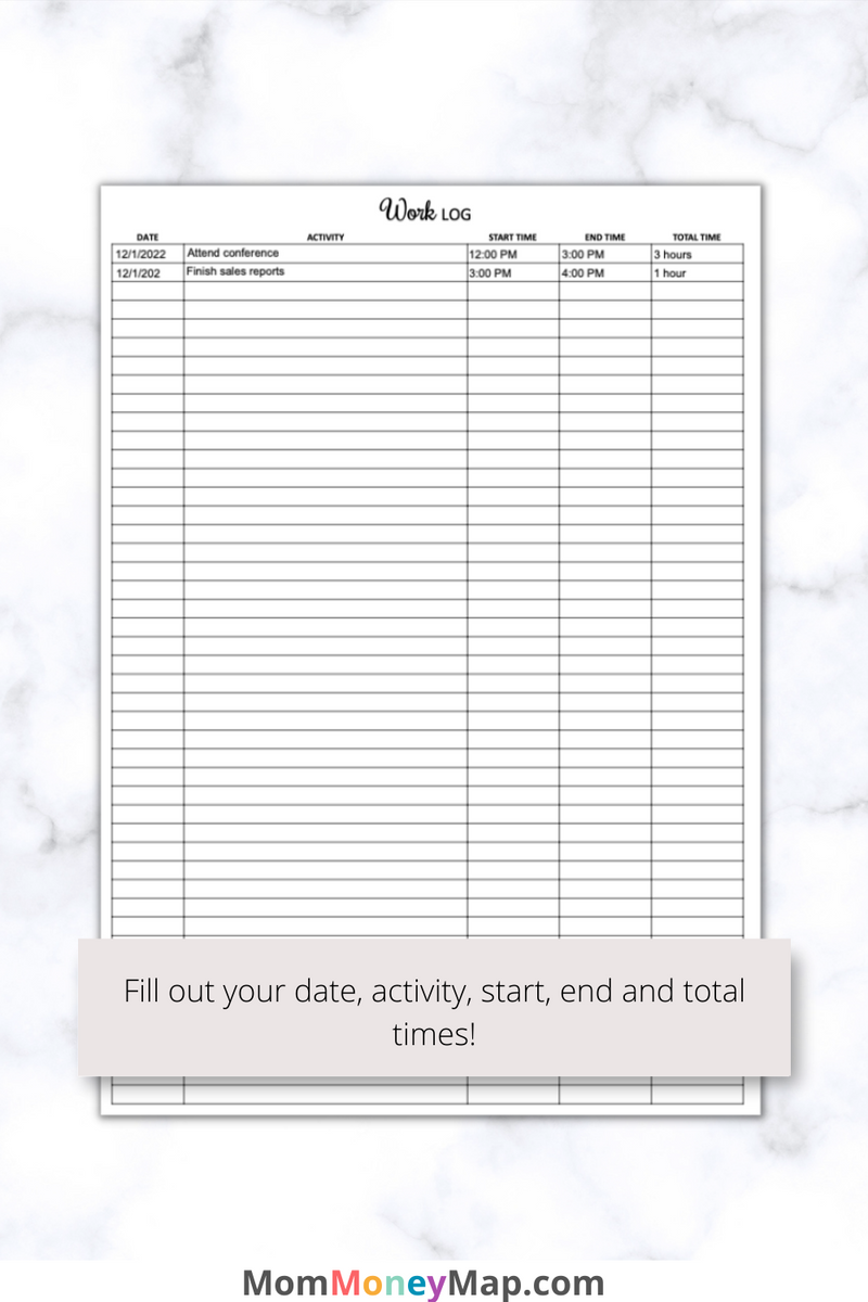 Work Log Printable PDF - Portrait – Mom Money Map